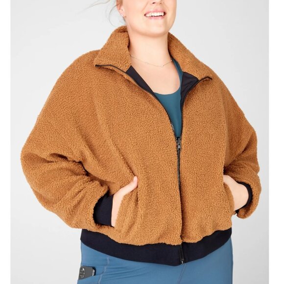 Fabletics Spencer Reversible Teddy Bomber Jacket in the Color Sepia Size L - Picture 1 of 15